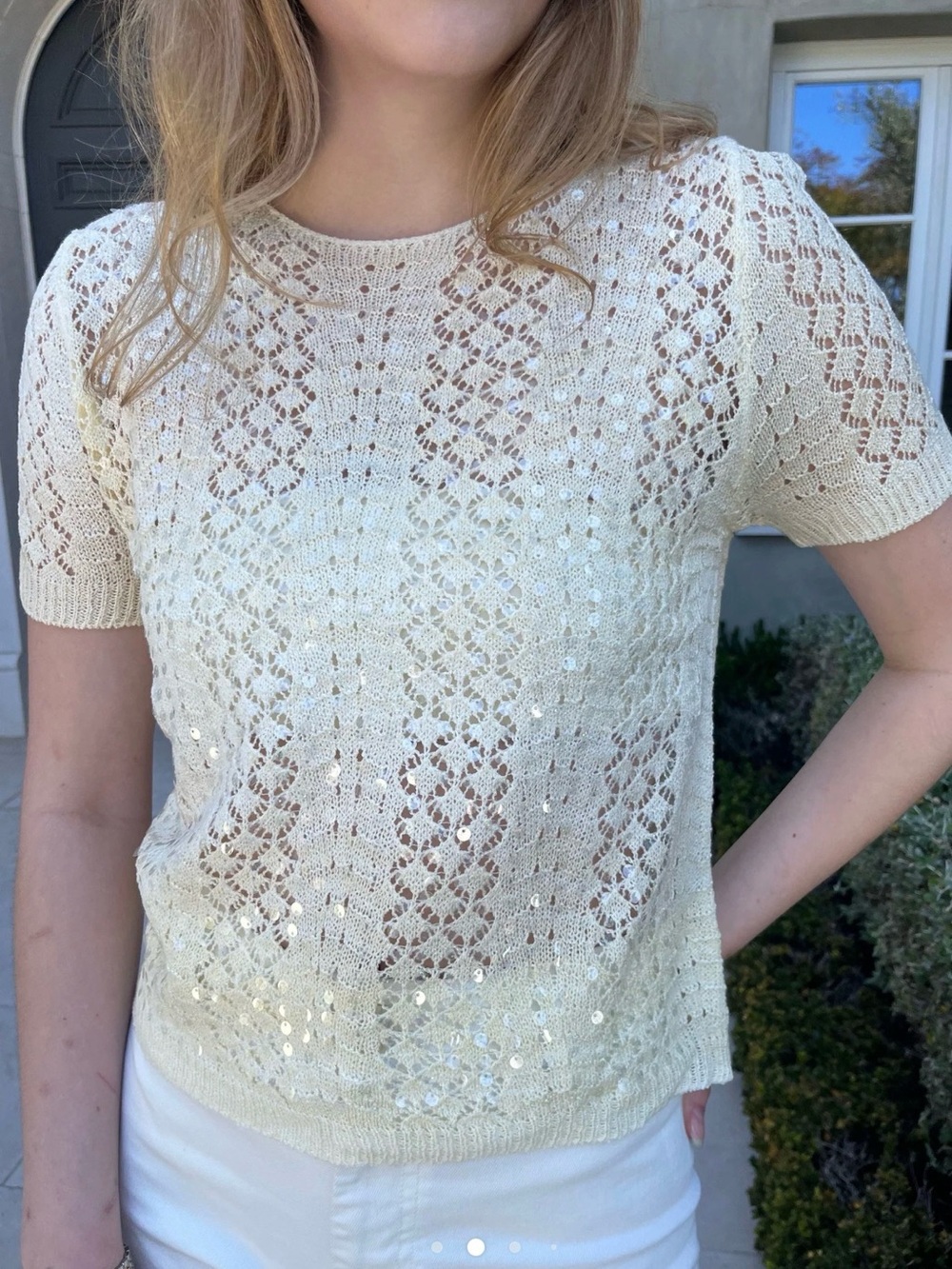 Sequin butter yellow Short-Sleeve Openwork Sequin Knit Top